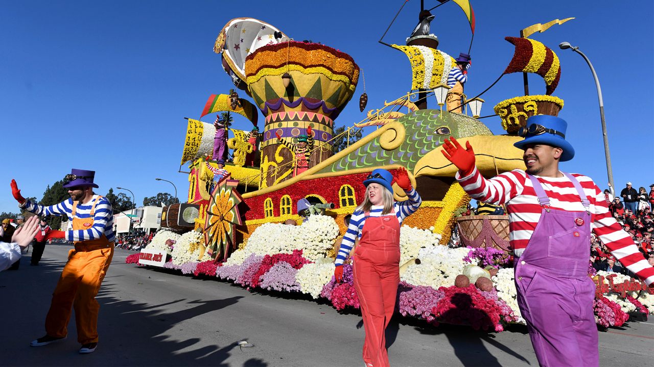 Trader Joe's company float, which won the Crown City Innovator Award, proceeds down the route during the 130th Rose Parade in Pasadena, Calif., Tuesday, Jan. 1, 2019. (AP Photo/Michael Owen Baker)