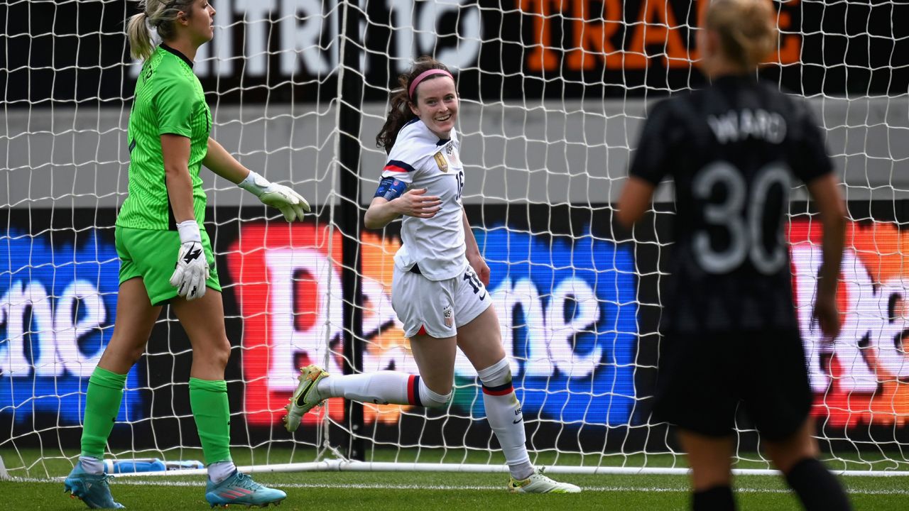 Rose Lavelle of the U.S., center, celebrates after scoring against New Zealand during their women's international soccer friendly game in Auckland, New Zealand, Saturday, Jan. 21, 2023. (Andrew Cornaga/Photosport via AP)