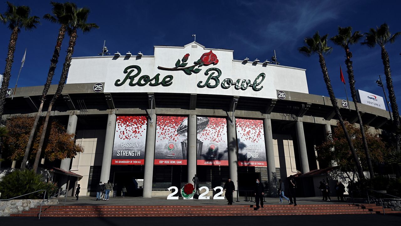 The exterior of the stadium is seen before the Rose Bowl NCAA college football game between Utah and Ohio State, Jan. 1, 2022, in Pasadena, Calif. (AP Photo/John McCoy)