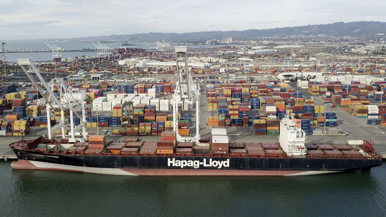 The Rotterdam Express is seen at the Port of Oakland, Wednesday, Oct. 6, 2021 in Oakland, Calif. (AP Photo/Josh Edelson)