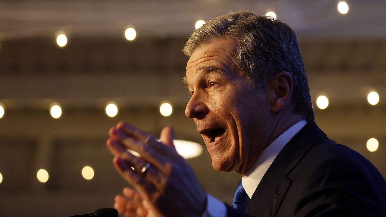 Democratic North Carolina Gov. Roy Cooper speaks at a primary election night party in Raleigh, N.C., Tuesday, March 5, 2024. (AP Photo/Karl B DeBlaker)