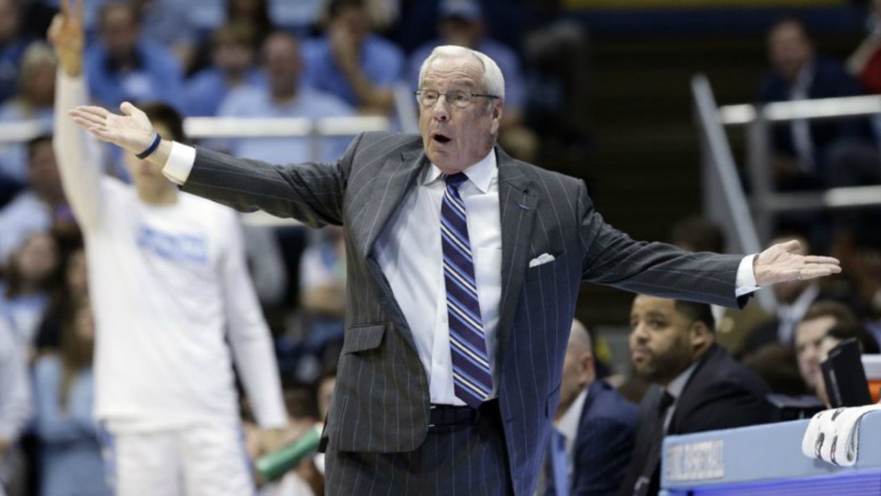 North Carolina coach Roy Williams reacts during the first half of the team's NCAA college basketball game against Georgia Tech in Chapel Hill, N.C., Saturday, Jan. 4, 2020.