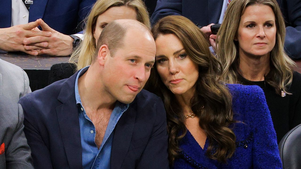 Britain's Prince William and Kate, Princess of Wales, watch the NBA basketball game between the Boston Celtics and the Miami Heat on Wednesday, Nov. 30, 2022, in Boston. (Brian Snyder/Pool Photo via AP)