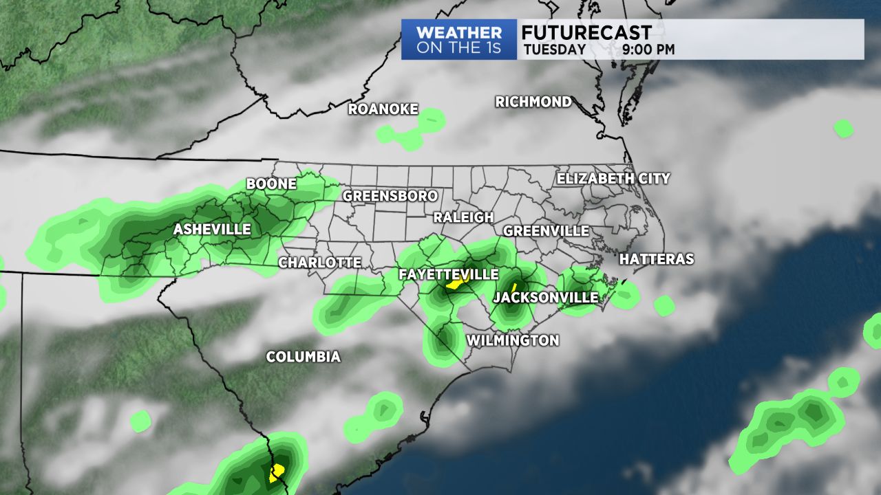 Scattered showers and a few thunderstorms are possible Tuesday night due to a slow passing cold front.