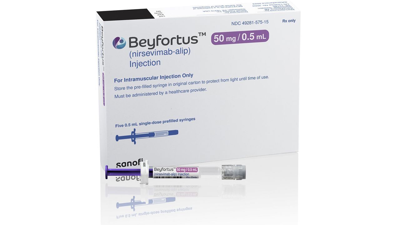 This illustration provided by AstraZeneca depicts packaging for their medication Beyfortus. (AstraZeneca via AP, File)