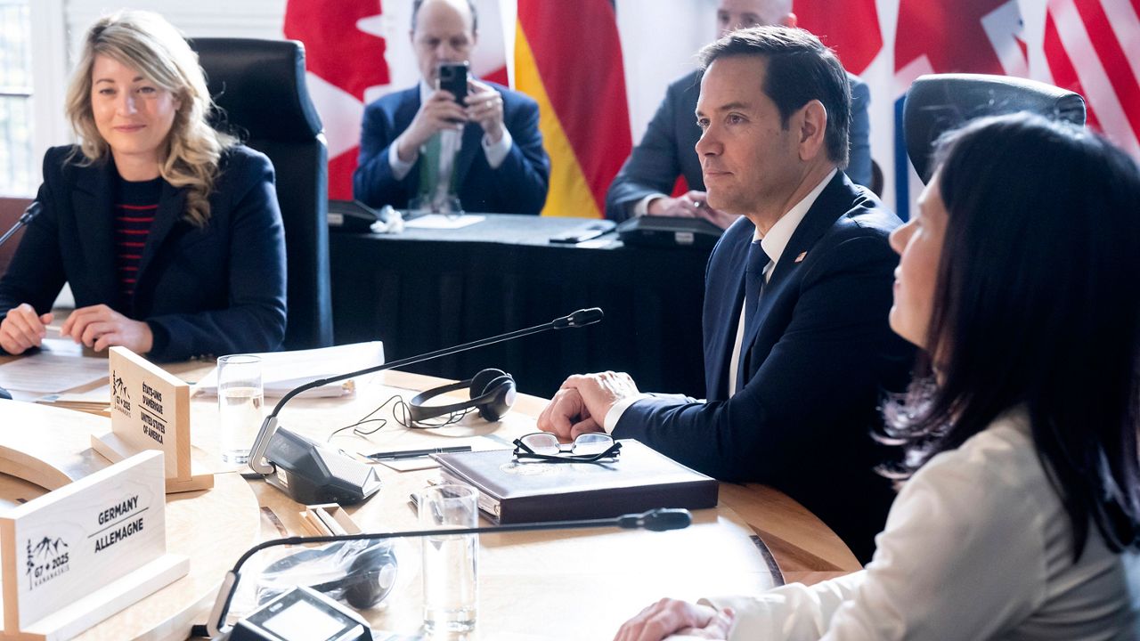 Germany's Foreign Minister Annalena Baerbock, from right, U.S. Secretary of State Marco Rubio and Canada's Foreign Minister Melanie Joly attend the G7 foreign ministers meeting in La Malbaie, Quebec, Canada, Thursday, March 13, 2025. (Saul Loeb/Pool via AP)