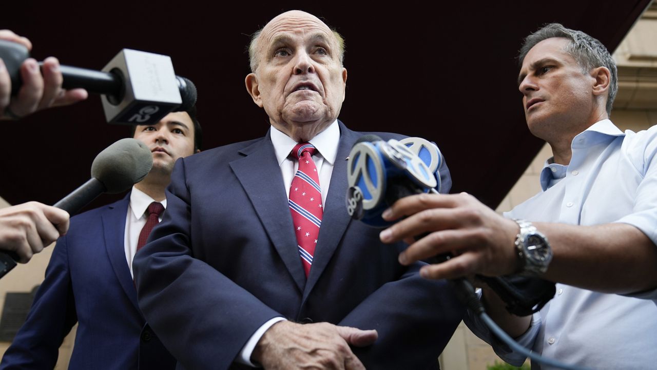 Former New York Mayor Rudy Giuliani speaks to reporters in New York on Aug. 23. (AP Photo/Seth Wenig, File)