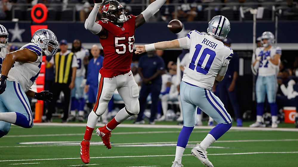 Tampa Bay Buccaneers linebacker Shaquil Barrett (58) pressures Dallas Cowboys quarterback Cooper Rush as he throws a pass in the second half of a NFL football game in Arlington, Texas, Sunday, Sept. 11, 2022. (AP Photo/Michael Ainsworth)