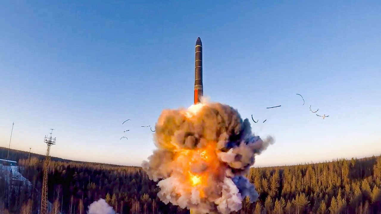 In this file photo taken from a video distributed by Russian Defense Ministry Press Service, on Dec. 9, 2020, a ground-based intercontinental ballistic missile was launched from the Plesetsk facility in northwestern Russia. (Russian Defense Ministry Press Service via AP, File)