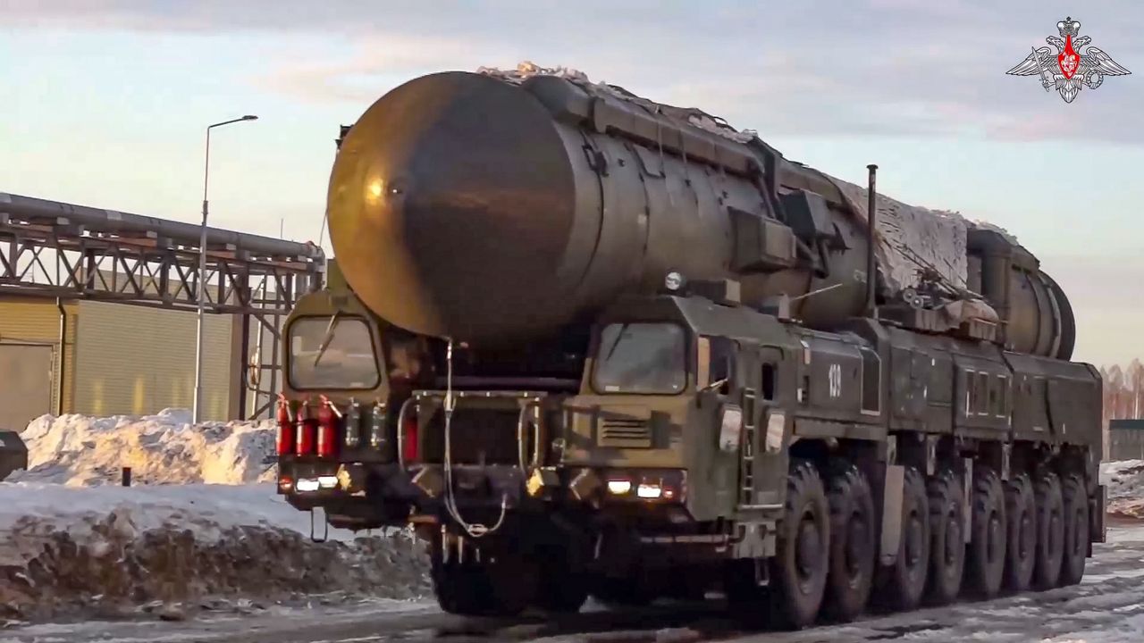 A Yars missile launcher belonging to the Russian armed forces being driven in an undisclosed location in Russia. (Russian Defense Ministry Press Service via AP)