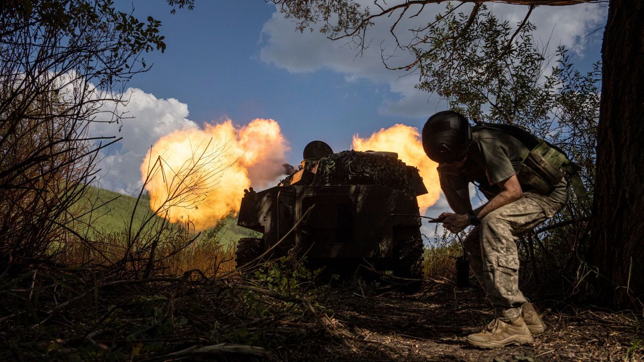 Ukrainian self-propelled artillery shoots toward Russian forces at a frontline in Ukraine's Kharkiv region on Wednesday. (AP Photo/Evgeniy Maloletka)