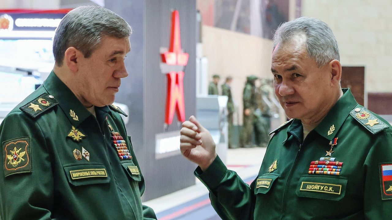 Russian Defense Minister Sergei Shoigu, right, gestures as he speaks to Russian Chief of General Staff Gen. Valery Gerasimov prior to a meeting Russian President Vladimir Putin with the top military brass in Moscow, Russia, Tuesday, Dec. 19, 2023. (Sputnik, Kremlin Pool Photo via AP, File) 