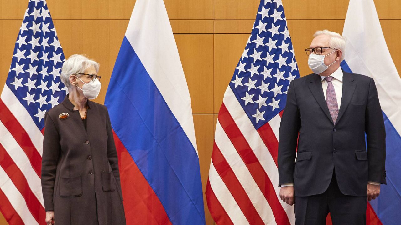 US Deputy Secretary of State Wendy Sherman, left, and Russian deputy foreign minister Sergei Ryabkov attend security talks at the United States Mission in Geneva, Switzerland, Monday, Jan. 10, 2022. (Denis Balibouse/Pool via AP)