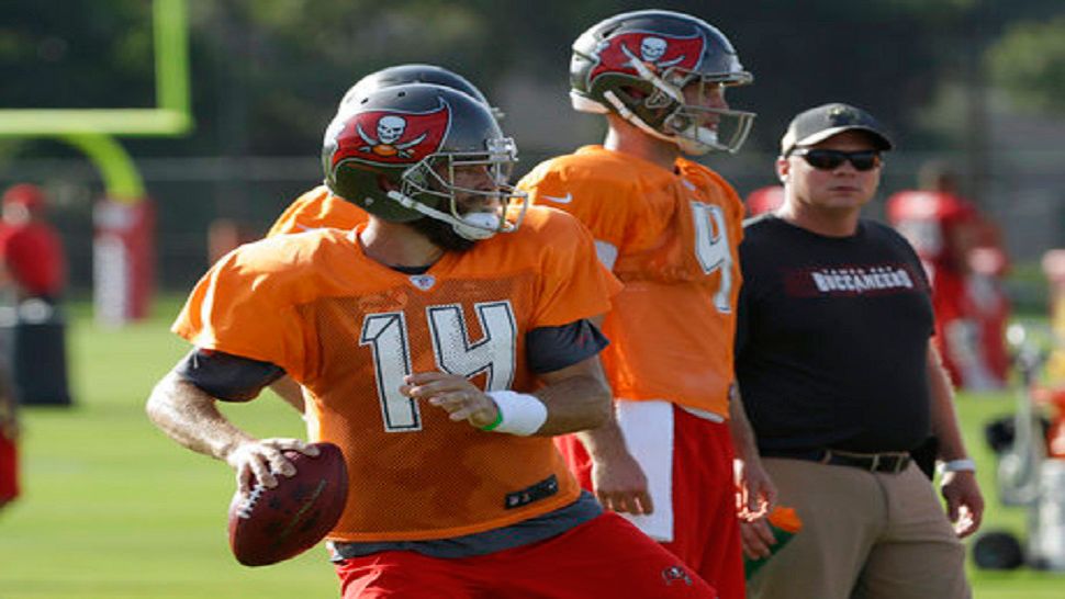 Tampa Bay Buccaneers quarterback Ryan Fitzpatrick (14) throws a pass during an NFL football training camp practice in Tampa, Fla. (AP Photo/Chris O'Meara)