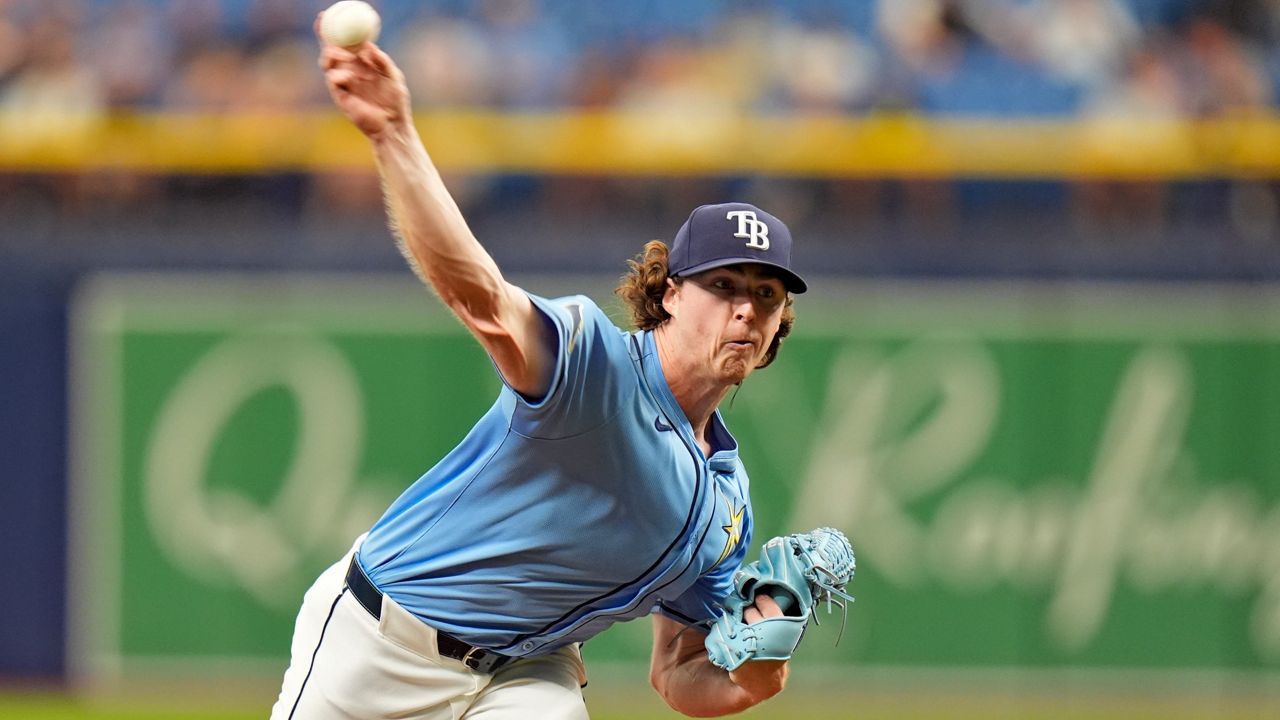 Tampa Bay Rays starting pitcher Ryan Pepiot delivers to the Los Angeles Angels during the 1st inning on Thursday, April 18, 2024. (AP Photo/Chris O'Meara)
