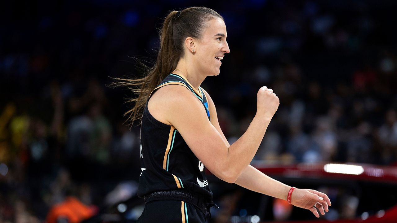 New York Liberty guard Sabrina Ionescu celebrates after competing in the WNBA All-Star skills event on Friday, July 14, 2023 in Las Vegas.