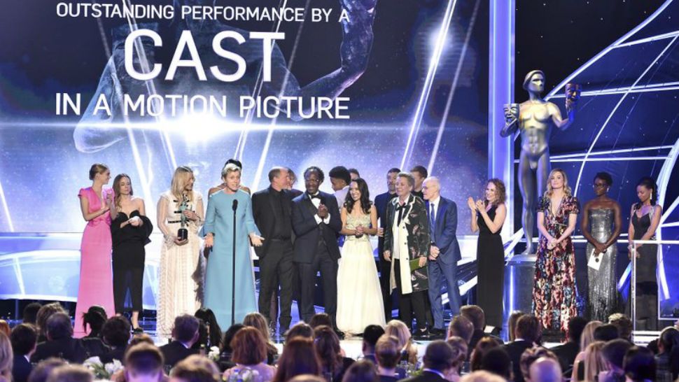Frances McDormand and the cast of "Three Billboards Outside Ebbing, Missouri" accept the award for outstanding performance by a cast in a motion picture at the 24th annual Screen Actors Guild Awards at the Shrine Auditorium & Expo Hall on Sunday, Jan. 21, 2018, in Los Angeles. (AP Photo/ Vince Bucci)