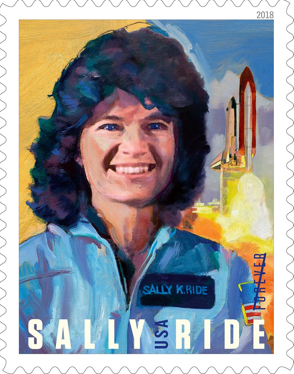 Sally Ride on Forever stamp issued by the United States Postal Service in 2018.