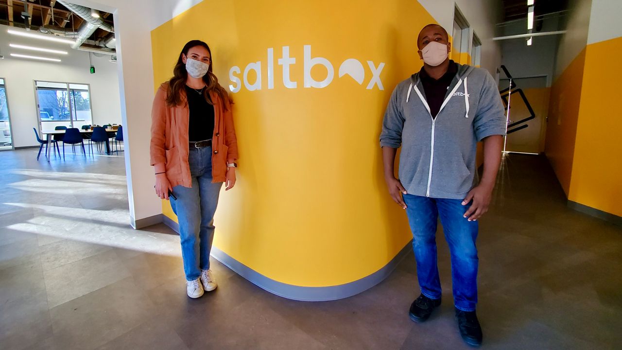 Saltbox community operations manager Michaela McDermott and co-founder Maxwell Bonnie inside the company's new location in Torrance (Spectrum News/Joseph Pimentel)