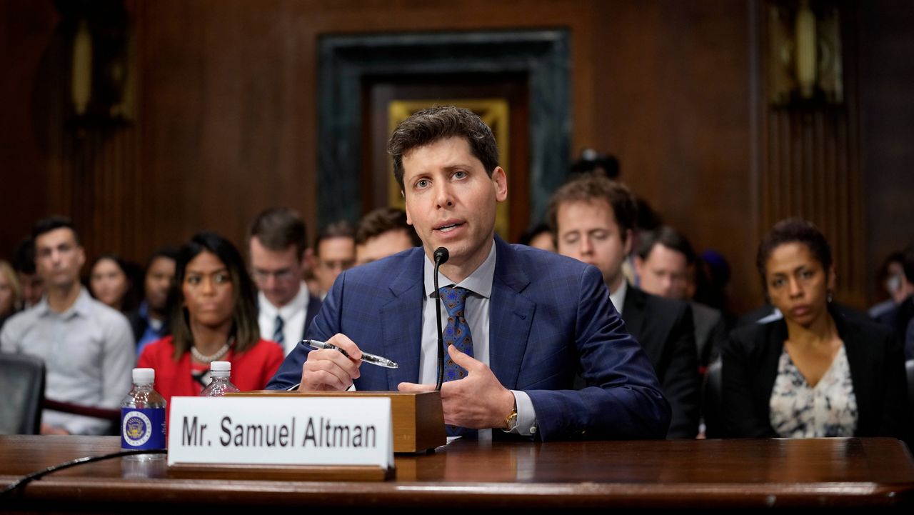 OpenAI CEO Sam Altman speaks Tuesday at a Senate Judiciary Subcommittee on Privacy, Technology and the Law hearing on artificial intelligence. (AP Photo/Patrick Semansky)