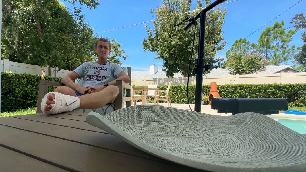 Sam Hollis discusses his recovery after being bitten by a shark on July 18 at New Smyrna Beach. (Spectrum News)