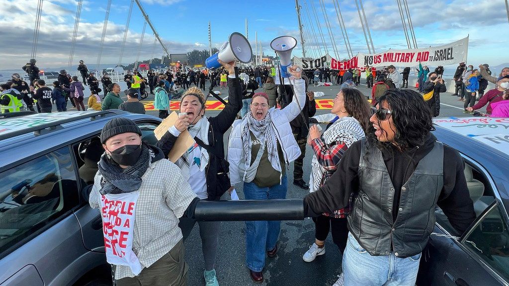 The San Francisco District Attorney's Office on Monday began charging demonstrators who blocked traffic for hours last month on the Bay Bridge to demand a cease-fire in Gaza. (AP Photo/Noah Berger, File)