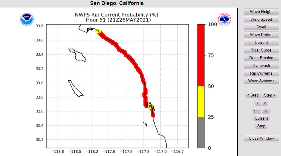 An example image of the National Rip Current Forecast Model (NOAA)