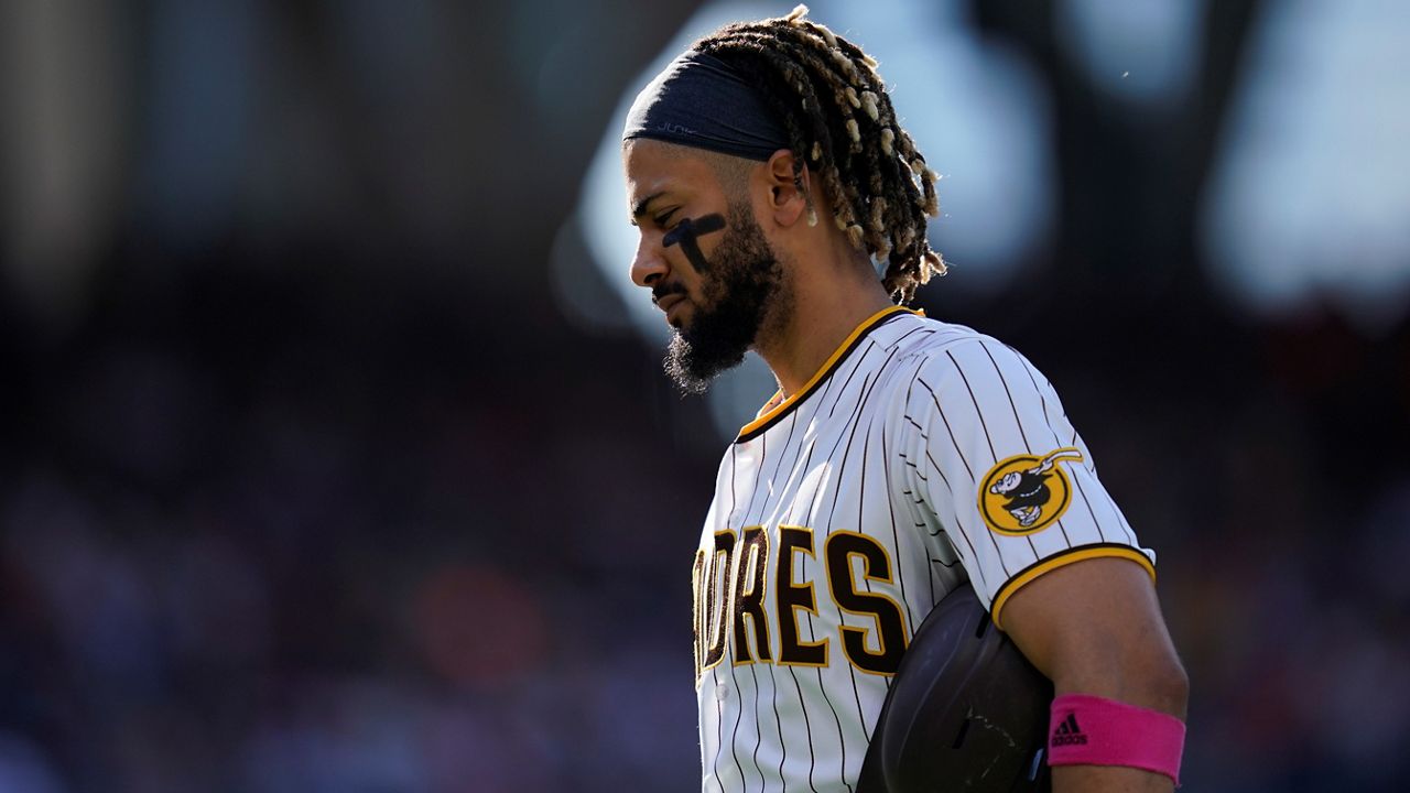 San Diego Padres' Fernando Tatis Jr. during the third inning of a baseball game against the San Francisco Giants, Thursday, Sept. 23, 2021, in San Diego. (AP Photo/Gregory Bull)