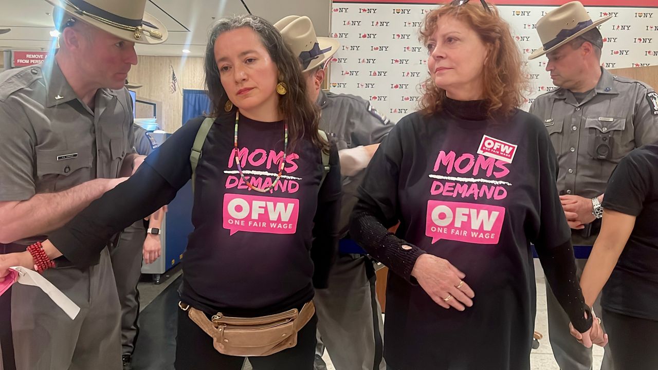 State police arrested Academy and Emmy award-winning actress Susan Sarandon and former lieutenant gubernatorial candidate Ana Maria Archila were arrested Monday after rallying for increased wages for restaurant tipped workers.