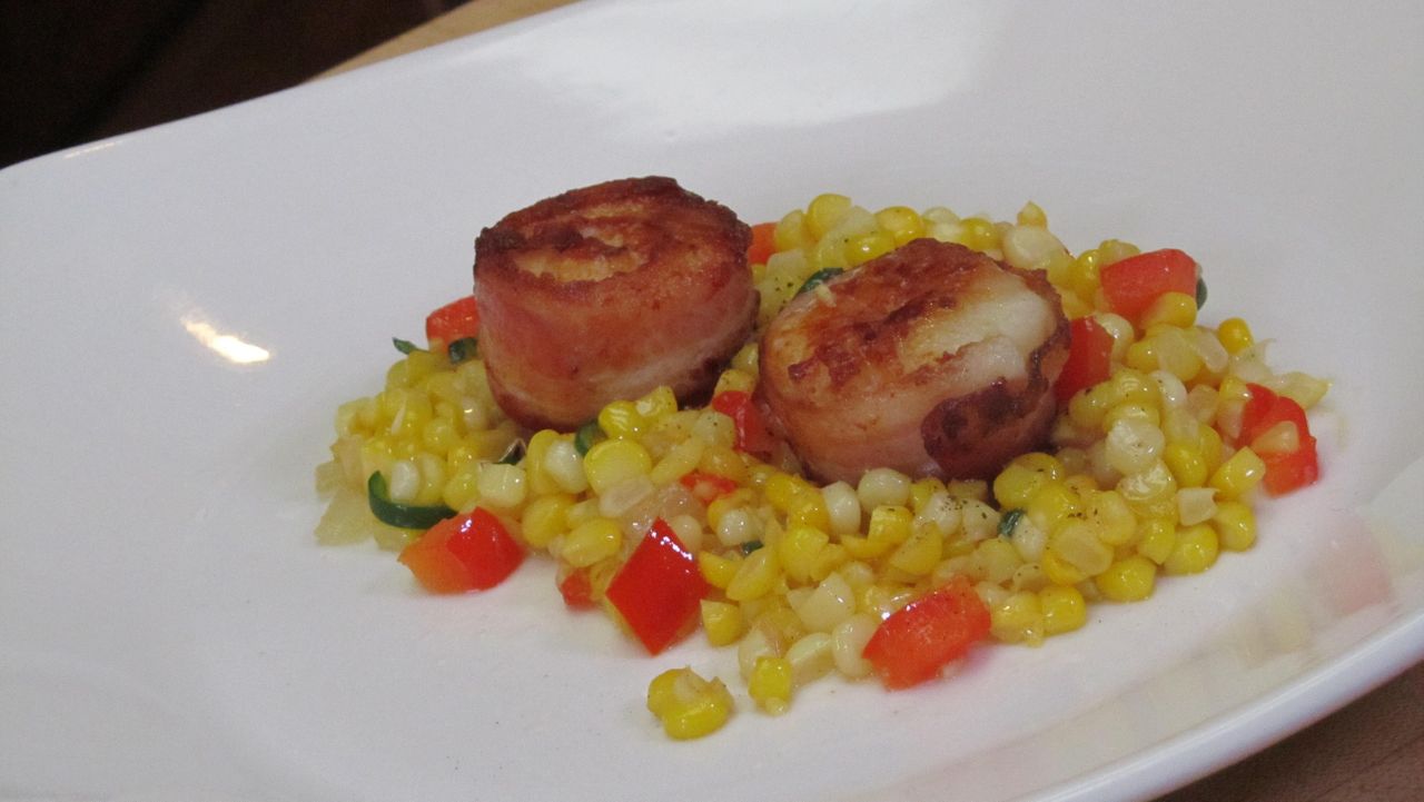 Bacon Wrapped Scallops with Corn