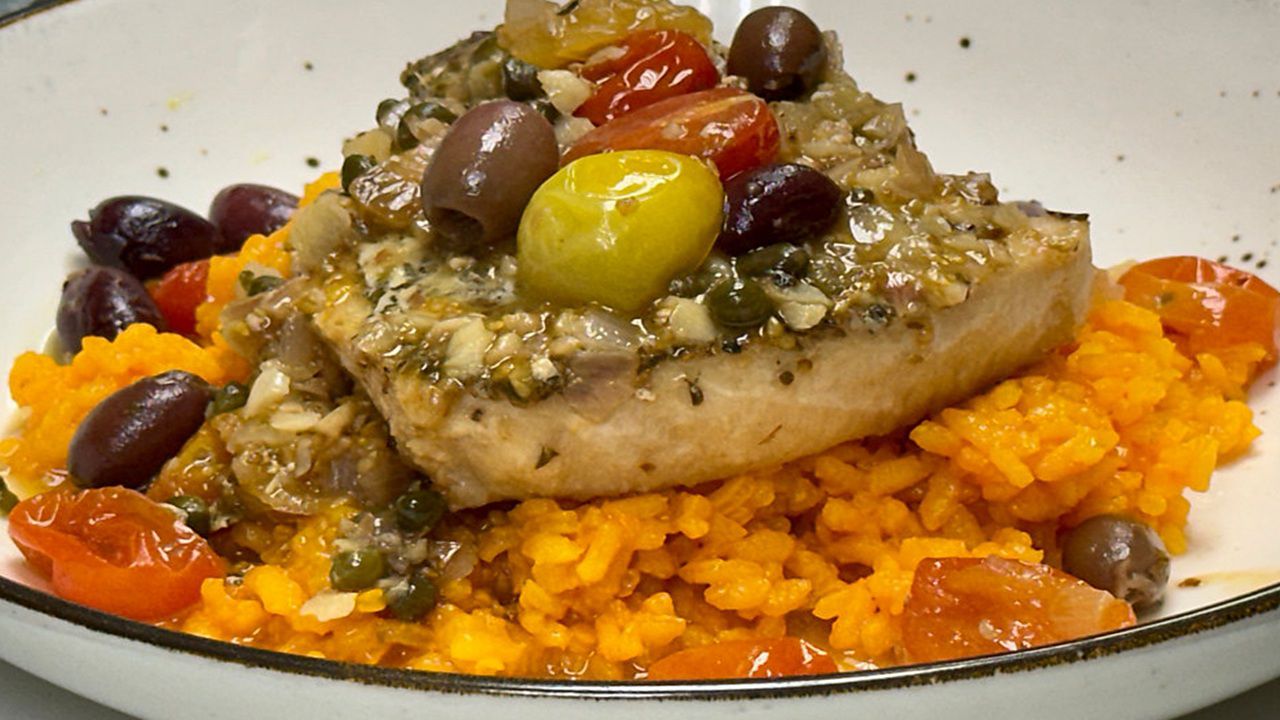 Sicilian swordfish dish with olives and capers at Scarpino's