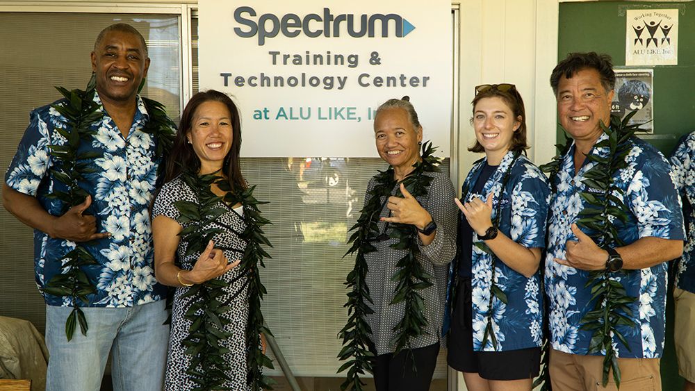 Pictured left to right: Rahman Khan, vice president of Community Impact, Charter Communications; Maile Shimabukuro, state senator for District 21; Mervina Cash-Kaeo, president and CEO of ALU LIKE, Inc.; Rebecca Lieberman, director of state government affairs, Charter Communications; and Gregg Fujimoto, senior vice president, field operations Hawaii, Charter Communications. (Spectrum News/Sarah Yamanaka)