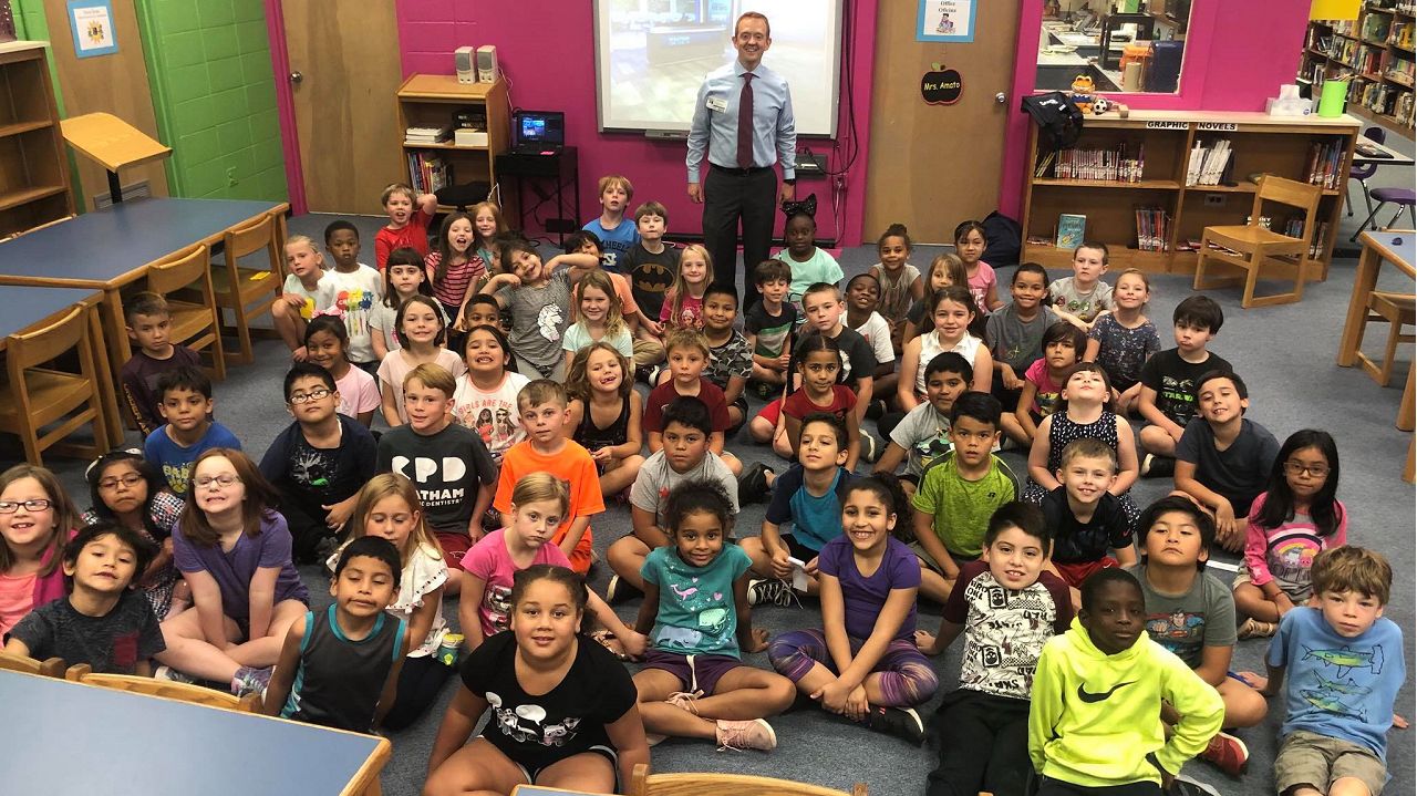 Meteorologist Lee Ringer on a recent visit to Grady A. Brown Elementary in Hillsborough.