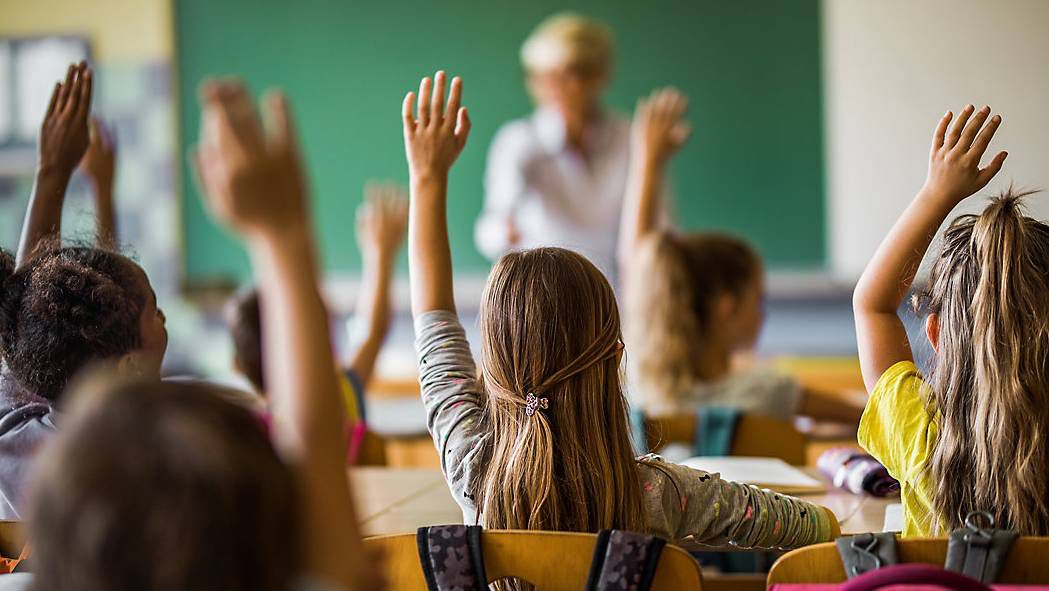 Students raise their hands in a classroom.