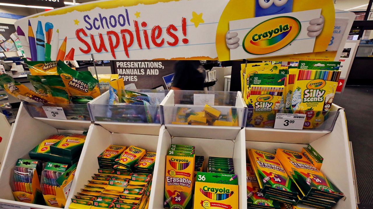 This is a display of back to school crayons and markers in a Staples in Pittsburgh, Wednesday, July 18, 2018. (AP Photo/Gene J. Puskar)