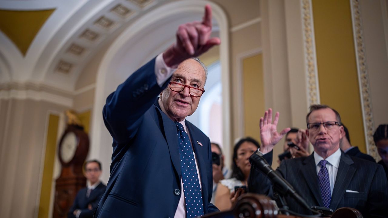 Senate Majority Leader Chuck Schumer, D-N.Y., speaks to reporters following a Democratic strategy session, at the Capitol in Washington, Tuesday, May 21, 2024. (AP Photo/J. Scott Applewhite)