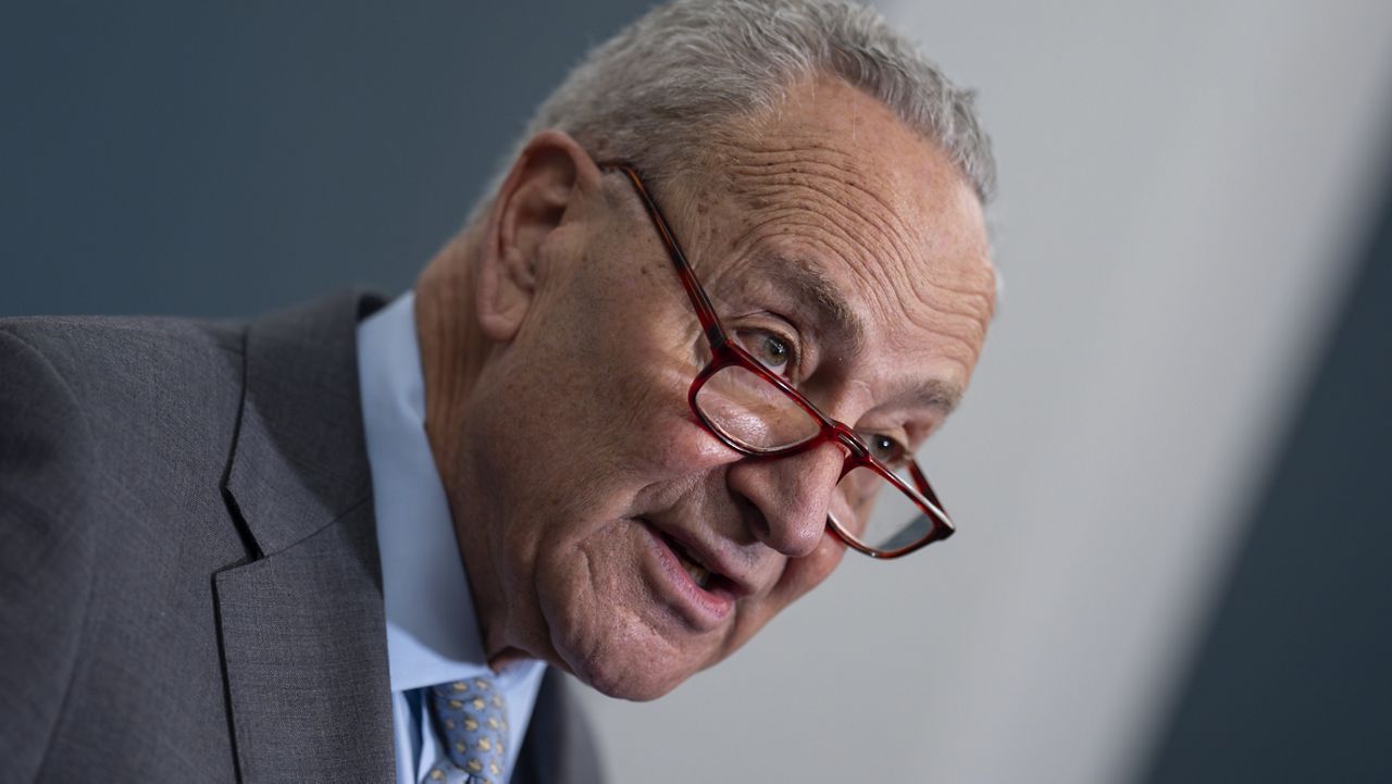 Senate Majority Leader Chuck Schumer, D-N.Y., joins Sen. Patty Murray, D-Wash., as they talk to reporters about their resolution stating that every patient has the basic right to emergency health care, including abortion care, regardless of where they live, at the Capitol in Washington, Tuesday, Sept. 24, 2024. (AP Photo/J. Scott Applewhite)