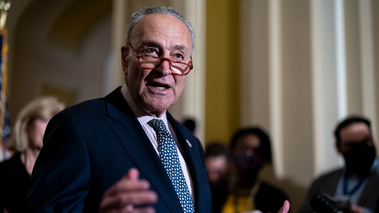 Senate Majority Leader Chuck Schumer, D-N.Y., speaks to reporters at the Capitol in Washington, Wednesday, Sept. 28, 2022. (AP Photo/J. Scott Applewhite, File)