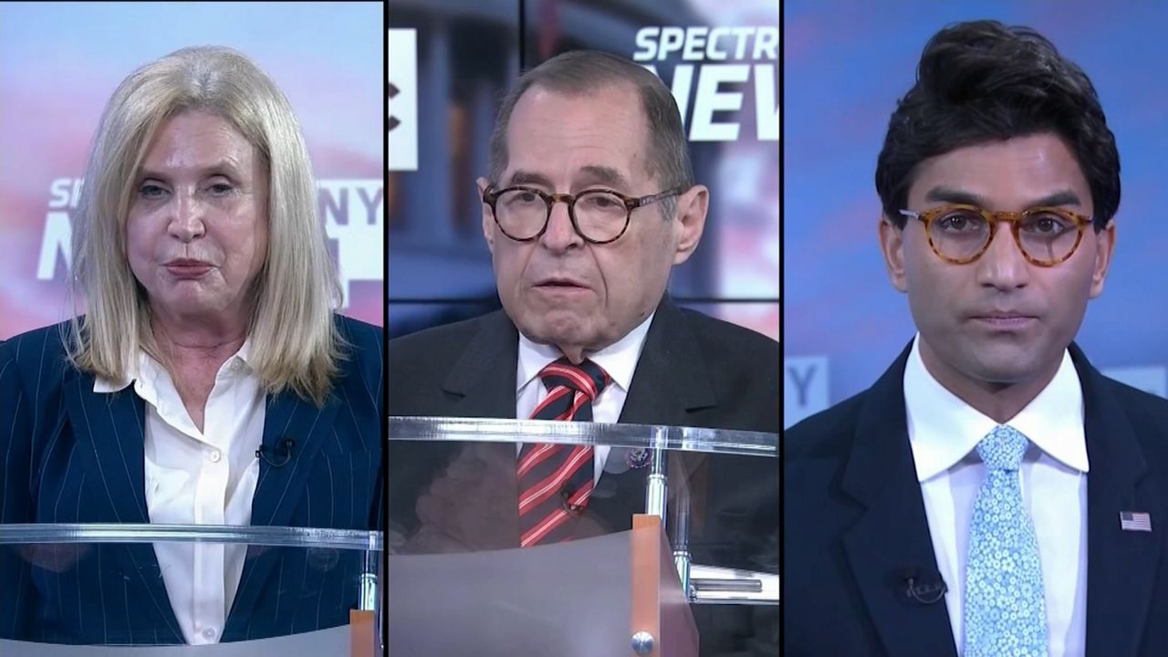 Rep. Carolyn Maloney, Rep. Jerry Nadler, and Suraj Patel face off in a NY1/WNYC congressional debate on Tuesday, Aug. 2. (NY1 Photo)