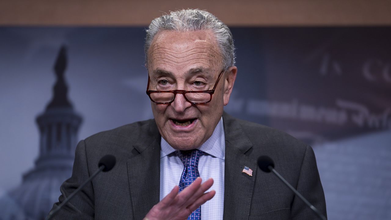 FILE - Senate Majority Leader Chuck Schumer, D-N.Y., speaks to reporters just after Senate Republicans blocked legislation that would make it a right nationwide for women to access in vitro fertilization and other fertility treatments, at the Capitol in Washington, Thursday, June 13, 2024. Schumer forced a vote on the matter in an effort to drive an election-year contrast on reproductive care. (AP Photo/J. Scott Applewhite)