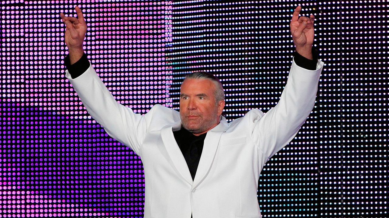 Scott Hall, aka Razor Ramon, speaks during the WWE Hall of Fame induction at the Smoothie King Center in New Orleans on April 5, 2014. (Jonathan Bachman/AP Images for WWE, File)