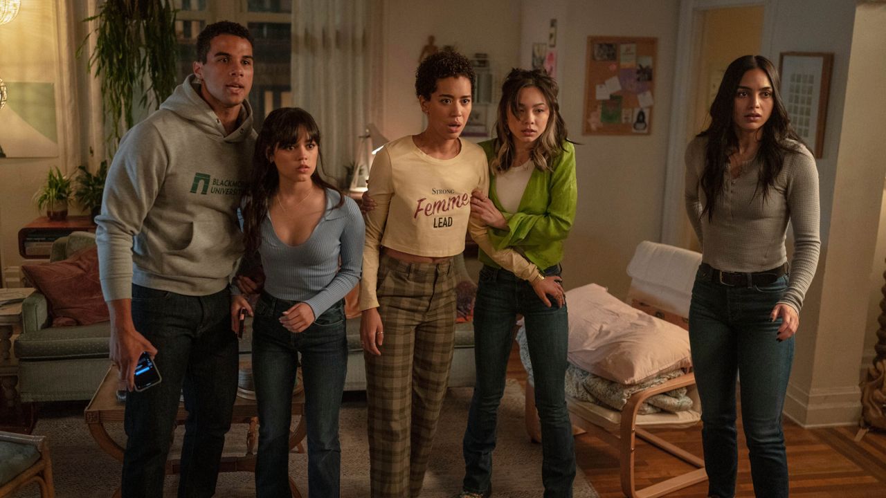 This image released by Paramount Pictures shows, from left, Mason Gooding, Jenna Ortega, Jasmin Savoy Brown, Devyn Nekoda and Melissa Barrera in a scene from "Scream VI." (Philippe Bossé/Paramount Pictures via AP)