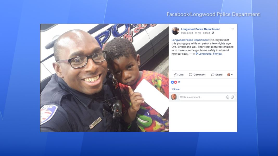 Longwood Police Officer Steven Bryant (left) bought a car seat for the boy and they bonded over their love for Ninja Turtles. (Longwood Police Department's Facebook) 