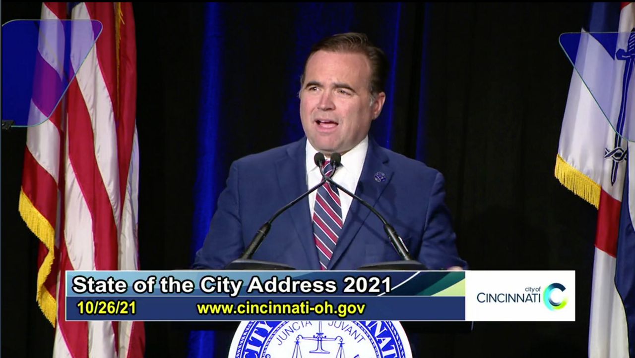A screen-grab from the CitiCable live-stream of Mayor John Cranley's 2021 State of the City address at TQL Stadium in Cincinnati, Ohio.