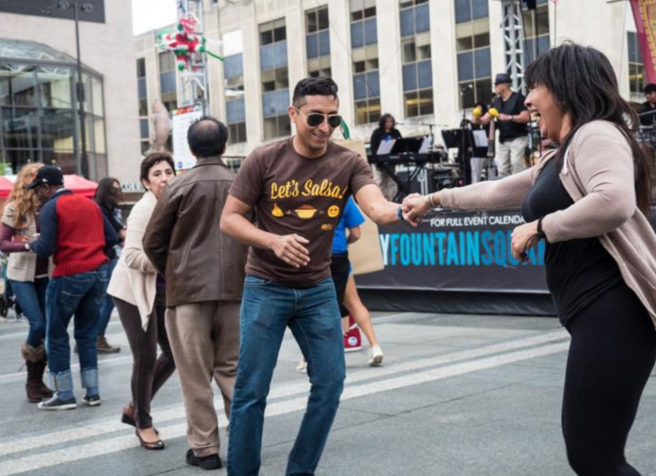 People salsa dancing at Fountain Square on Cinco de Mayo. (Photo courtesy of the Cincinnati USA Regional Chamber)