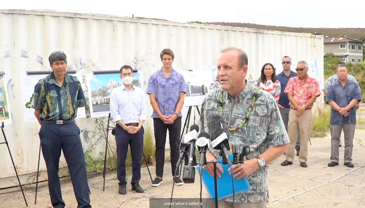 Honolulu Department of Community Services director Anton Krucky speaks at a news conference on Tuesday at the Aiea Sugar Mill site. (Mayor Rick Blangiardi Facebook livefeed capture)