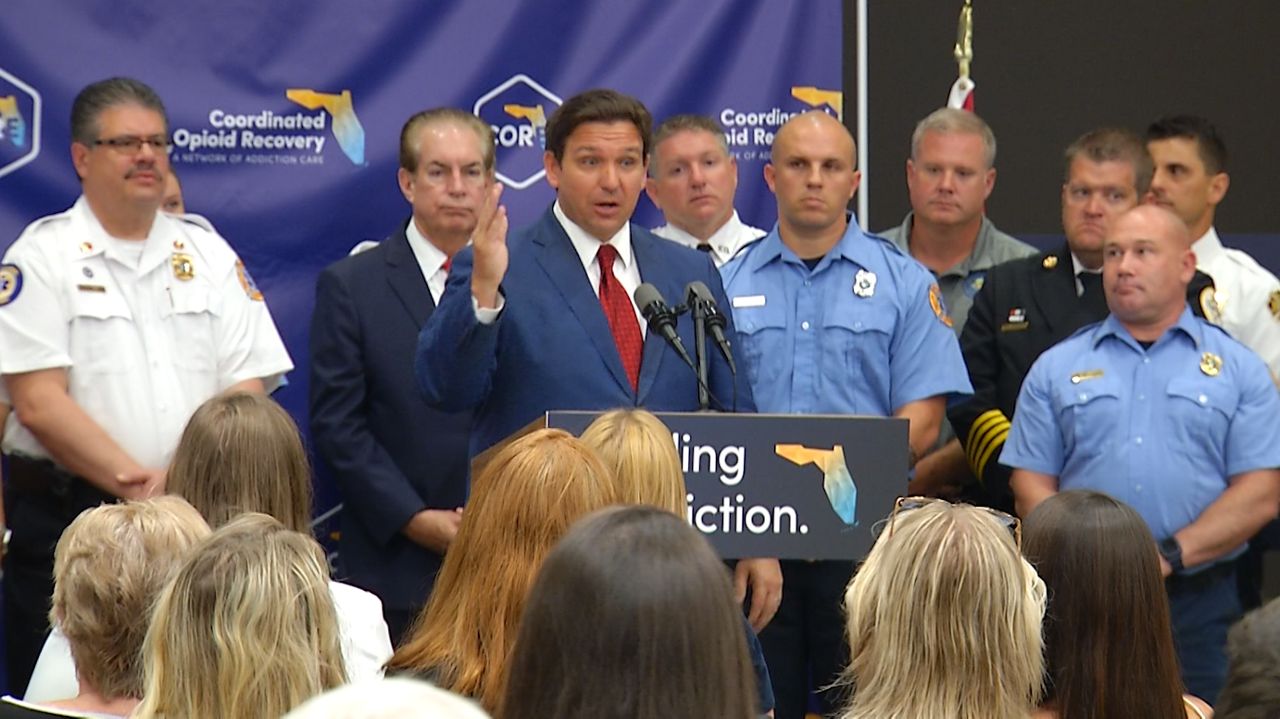 Gov. Ron DeSantis speaks against states delaring states of emergency over monkeypox at Wednesday press conference. (Spectrum News/Ruben Almeida)