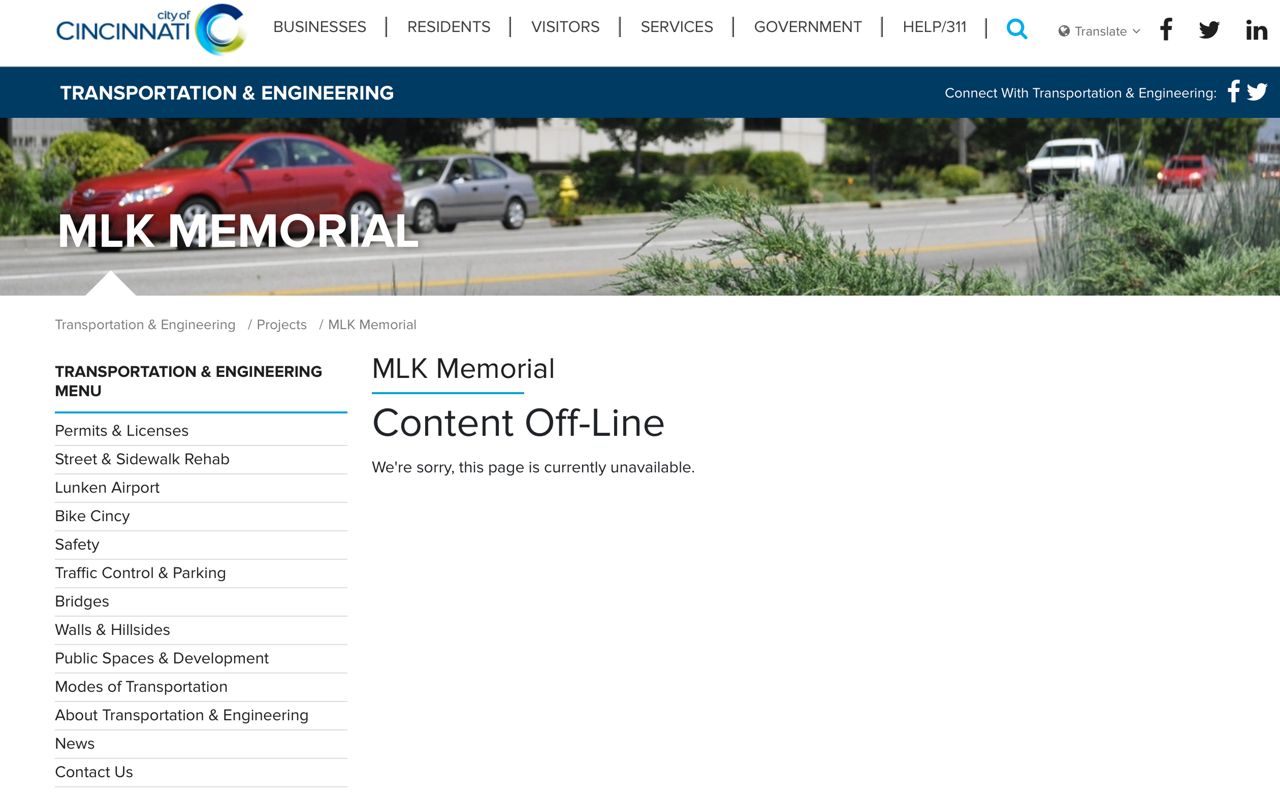 A screen grab of the City of Cincinnati's MLK Memorial website as of Friday, Aug. 19. (Photo courtesy of City of Cincinnati)