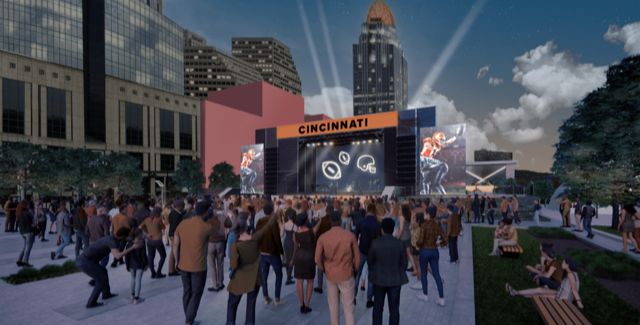 An artistic rendering of how one of the pedestrian plazas could be used if Fort Washington Way is reconfigured. (Photo courtesy of Cincinnati USA Regional Chamber)