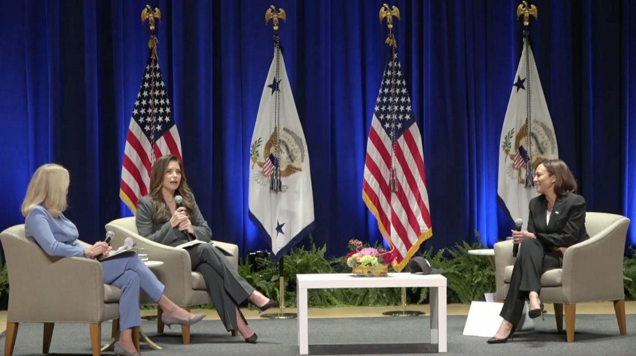 In this screen capture, Vice President Kamala Harris speaks about abortion rights with actress Sophia Bush and Rep. Mary Gay Scanlon, D-Penn., at Bryn Mawr College. (Photo courtesy WhiteHouse.gov)